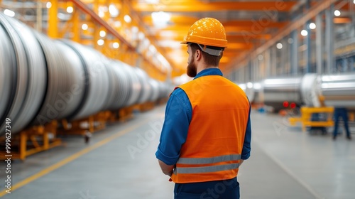 Worker in safety gear observing industrial machinery in a factory setting. photo