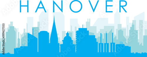 Blue panoramic city skyline poster with bluish misty transparent background buildings of HANOVER, GERMANY