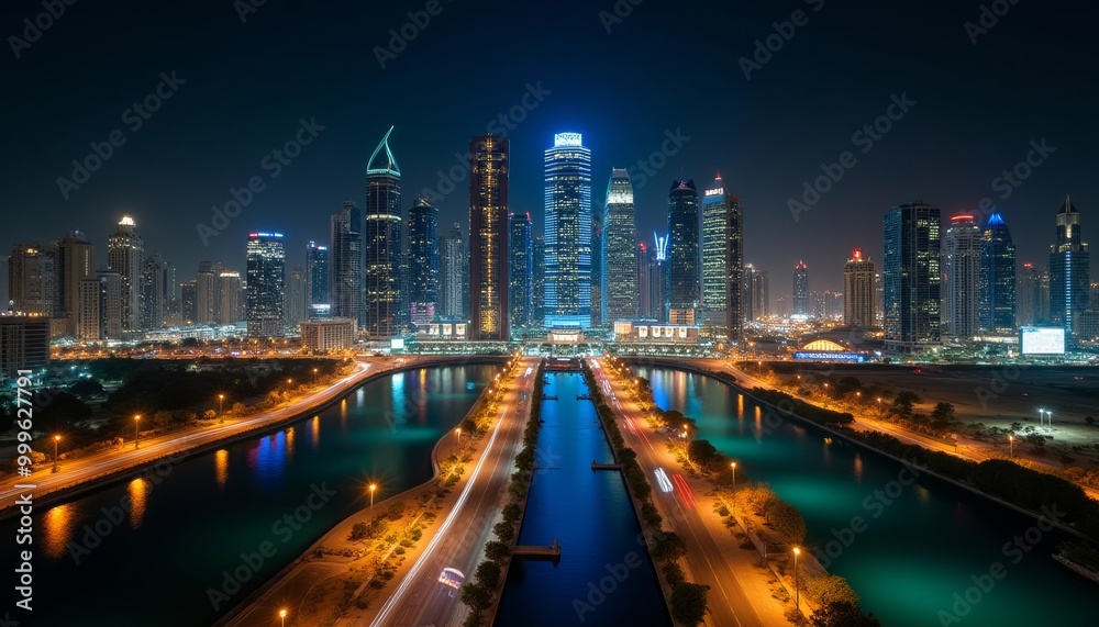 Bright Cityscape at Night with River and Bridge Bright Cityscape at Night with River and Bridge