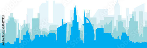 Blue panoramic city skyline poster with bluish misty transparent background buildings of DUBAI, UNITED ARAB EMIRATES