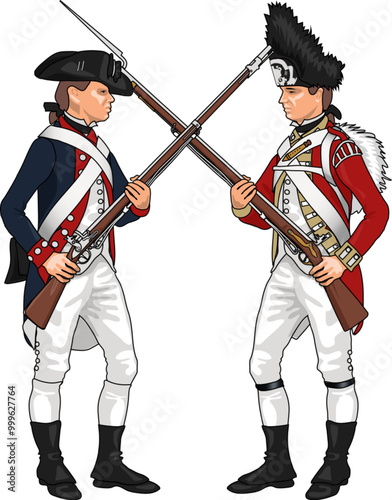 American and British Soldiers from American Revolutionary War Clashing Each Others Weapons Namely Rifles with fixed Bayonets, Illustration Isolated on Transparent Background, EPS 10 Vector
