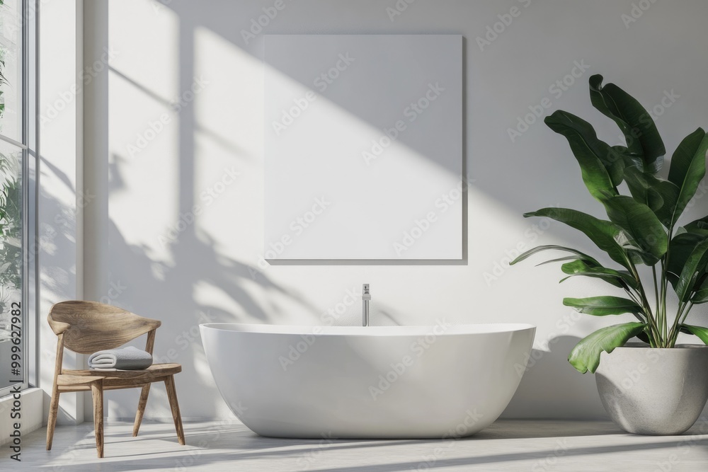 Fototapeta premium Modern Bedroom Interior with Horizontal Canvas and Bathtub Area