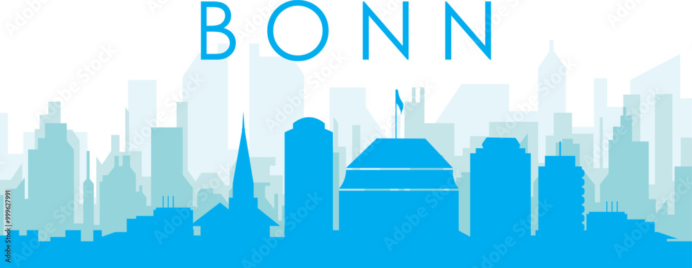 Blue panoramic city skyline poster with bluish misty transparent background buildings of BONN, GERMANY Blue panoramic city skyline poster with bluish misty transparent background buildings of BONN, GERMANY