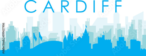 Blue panoramic city skyline poster with bluish misty transparent background buildings of CARDIFF, UNITED KINGDOM