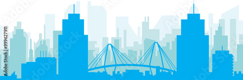 Blue panoramic city skyline poster with bluish misty transparent background buildings of CHARLESTON, UNITED STATES