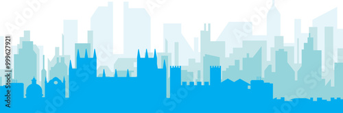 Blue panoramic city skyline poster with bluish misty transparent background buildings of CANTERBURY, UNITED KINGDOM