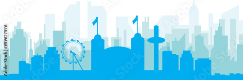 Blue panoramic city skyline poster with bluish misty transparent background buildings of BRIGHTON, UNITED KINGDOM