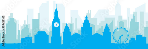 Blue panoramic city skyline poster with bluish misty transparent background buildings of BELFAST, UNITED KINGDOM