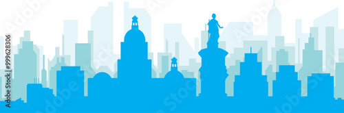 Blue panoramic city skyline poster with bluish misty transparent background buildings of LA PAZ, BOLIVIA