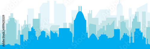 Blue panoramic city skyline poster with bluish misty transparent background buildings of INDIANAPOLIS, UNITED STATES