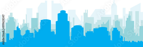 Blue panoramic city skyline poster with bluish misty transparent background buildings of HOUSTON, UNITED STATES