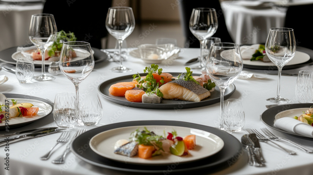 Michelin star restaurant with luxury table settings captured in full round view. AI generative. Michelin star restaurant with luxury table settings captured in full round view. AI generative.
