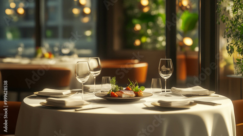 Michelin star restaurant with luxury table settings captured in full round view. AI generative. photo