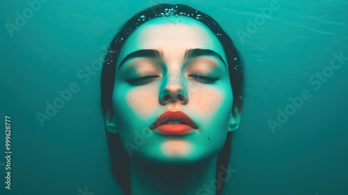 Tranquil underwater portrait of a woman with closed eyes and serene expression.