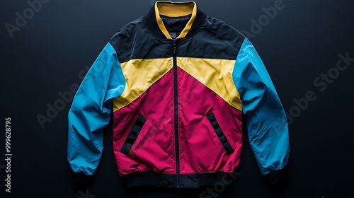 Colorful bomber jacket with black, red, blue and yellow color blocking.