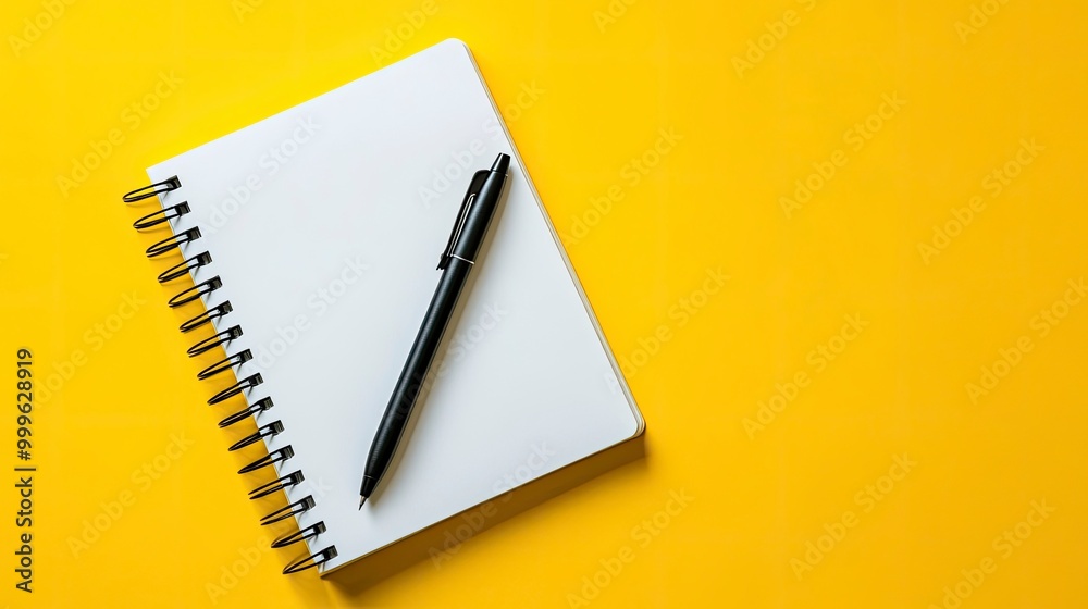 Blank white notebook with a black pen and pencil on a yellow background. Photo banner. View from above. Place for your text.with generative ai