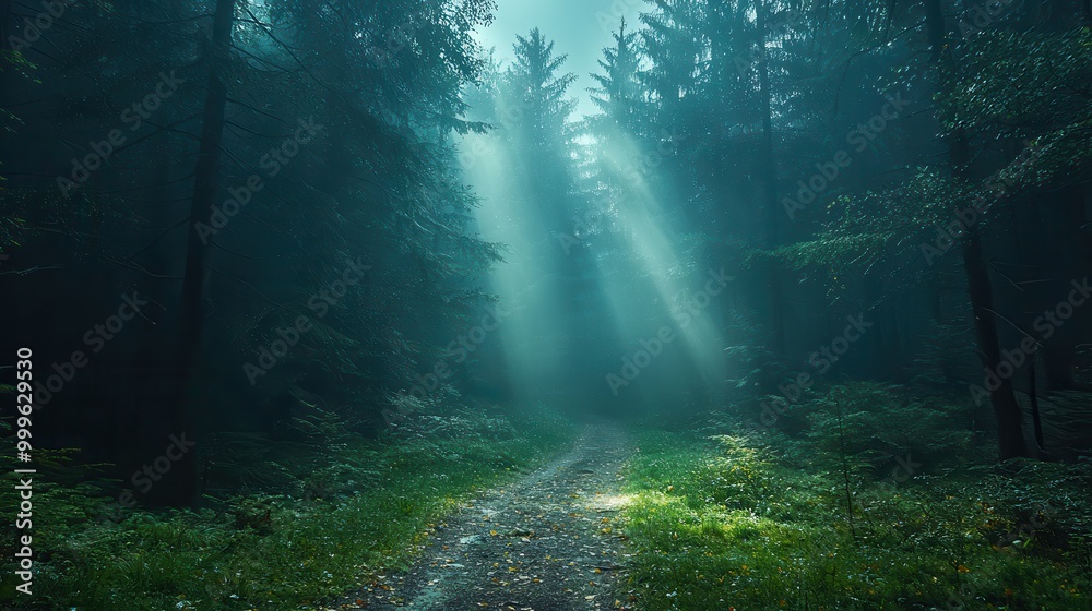 Obraz premium Sunlight Beams Through Dense Forest Fog