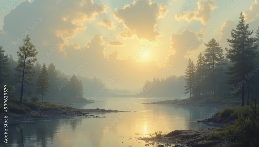 Tranquil lakeside sunrise in a serene forest Tranquil lakeside sunrise in a serene forest