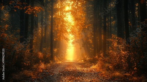 Serene Forest Pathway with Golden Light in Autumn