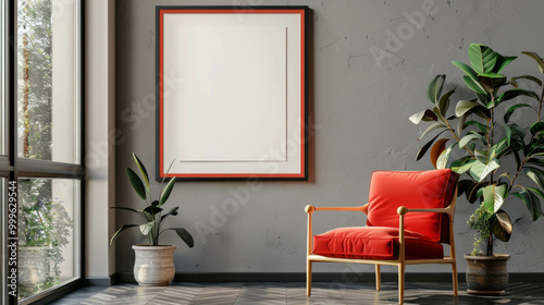 Stylish poster in red color displayed in a contemporary frame. AI generative.. photo