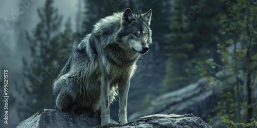 A wolf sitting on a rock in a wooded area, looking out at the viewer photo