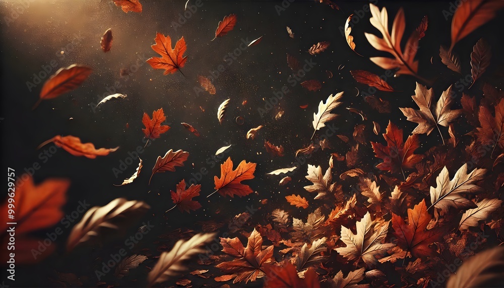 Falling Autumn Leaves in Golden Light - A Beautiful Seasonal Background Scene of Leaves Floating in the Air, Capturing the Serene Essence of Fall and Nature’s Transition.