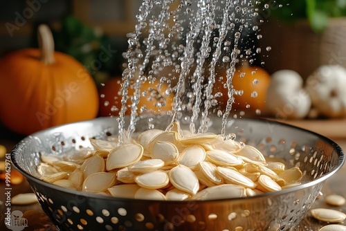  Fresh pumpkin seeds being rinsed under water in a colander, highlighting their preparation for roasting or healthy snacking during the fall season. photo