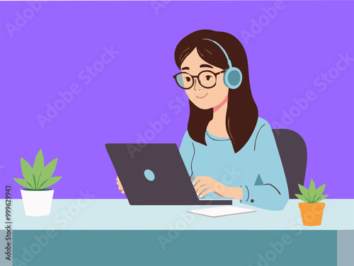 Work from home vector flat style illustration. Remote career concept. Home office setup with a young woman freelancer using a laptop or computer