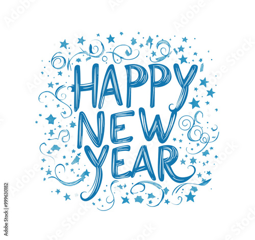 Happy New Year Lettering text Calligraphy Design with Stars and Swirls png  transparent background New Year Celebration, Festive Typography, Holiday Greetings greeting cards, social media posts