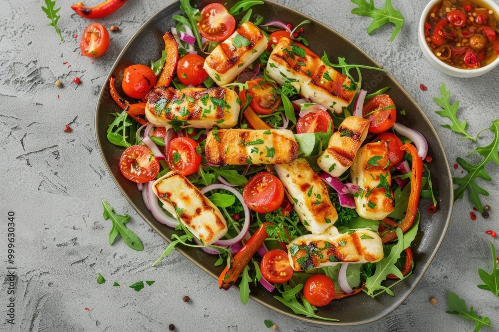 A fresh plate of mixed greens, tofu, and cherry tomatoes A fresh plate of mixed greens, tofu, and cherry tomatoes