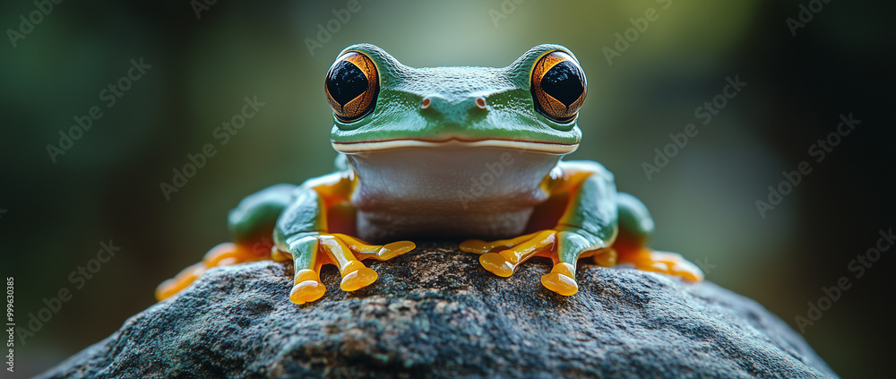 Fototapeta premium Une rainette verte, isolée sur une feuille blanche, est en gros plan, montrant ses yeux brillants et sa petite taille, ajoutant une touche de beauté tropicale à la nature.