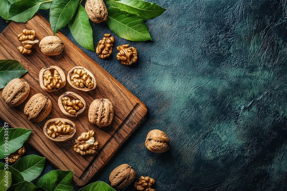  Whole walnuts in shells with leaves arranged on a wooden board, emphasizing the raw, natural beauty of this healthy, nutritious snack.