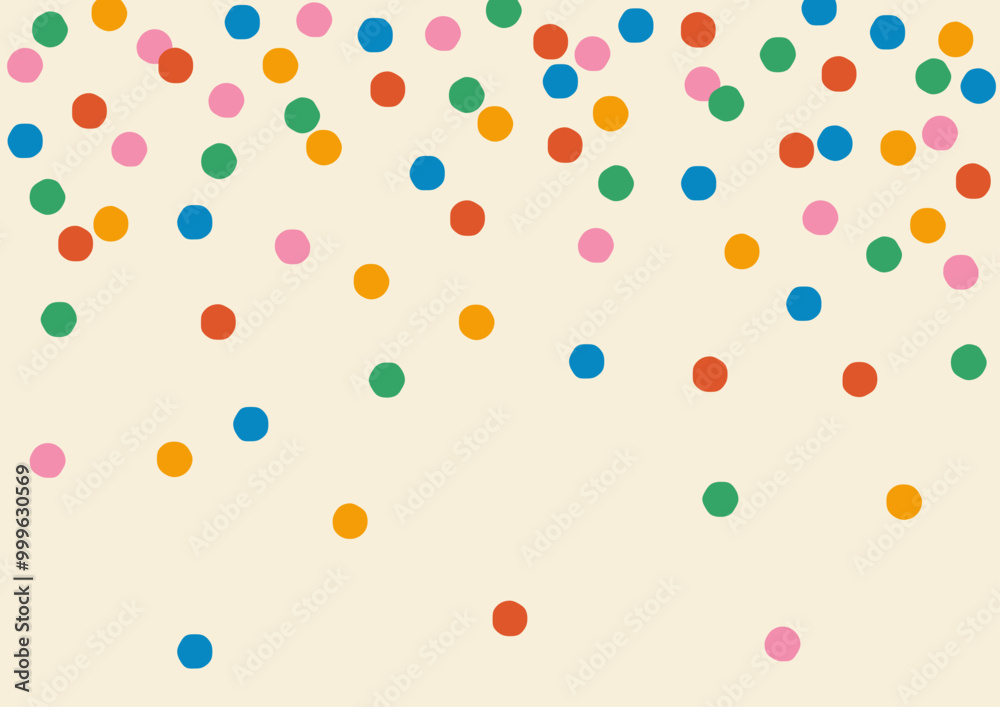Seamless abstract pattern, background of multi-colored falling down confetti, polka dots on light background, flat style
