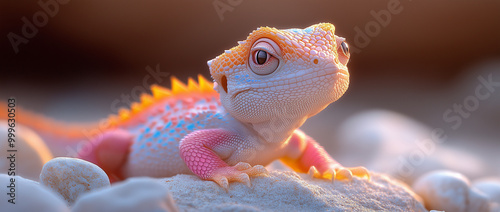 Un gros plan d'un gecko léopard vert, isolé sur un fond blanc, met en avant ses yeux vifs et son apparence sauvage, ajoutant une touche d'exotisme à la faune du désert.