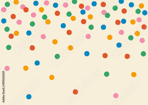 Seamless abstract pattern, background of multi-colored falling down confetti, polka dots on light background, flat style