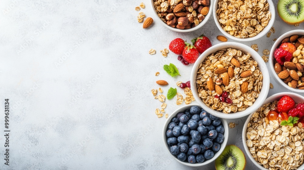 Variety of healthy breakfast boxes with whole grain cereals, fruit bowls, and nuts, arranged with space for text. Variety of healthy breakfast boxes with whole grain cereals, fruit bowls, and nuts, arranged with space for text.