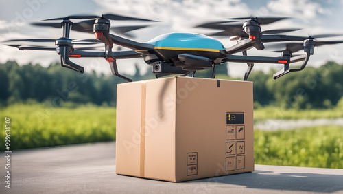 AI controlled drone Transporting parcel boxes by air, precision in urban areas, agricultur. Generative Ai.