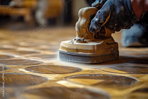  Worker using a handheld sander to polish a wooden floor with a circular design, showcasing craftsmanship and precision in woodworking.