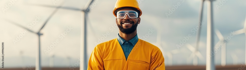 Smiling worker in safety gear with wind turbines in the background, representing renewable energy and sustainability. Smiling worker in safety gear with wind turbines in the background, representing renewable energy and sustainability.