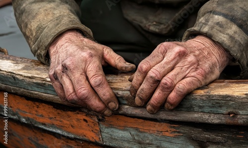 Two weathered hands resting on wood.