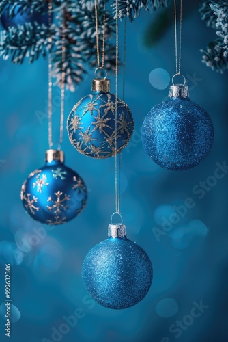 Christmas decorations, blue ornaments, festive tree