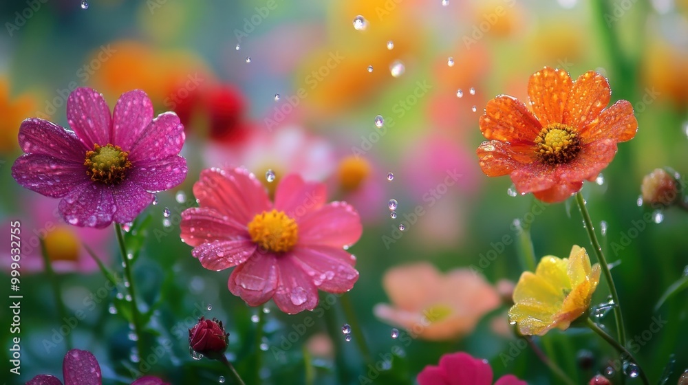 Water droplets on colorful flowers in a blooming field, creating a fresh and serene background with copy space. Water droplets on colorful flowers in a blooming field, creating a fresh and serene background with copy space.