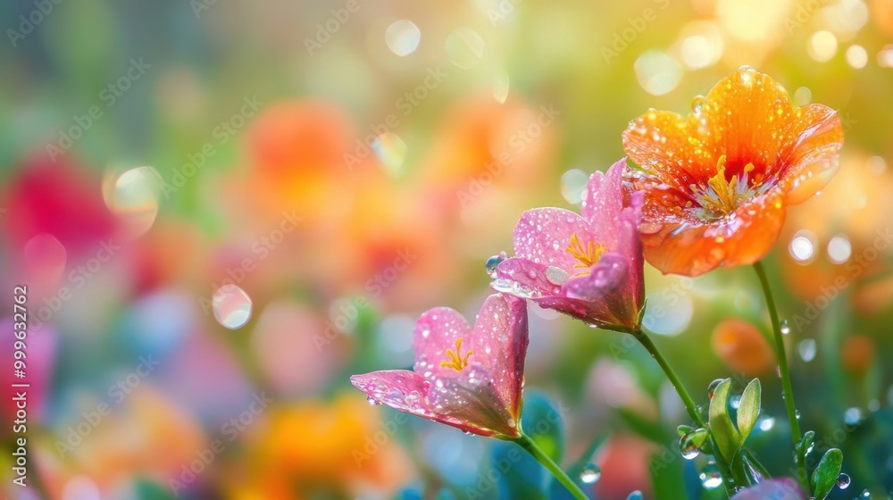 Water droplets on colorful flowers in a blooming field, creating a fresh and serene background with copy space. Water droplets on colorful flowers in a blooming field, creating a fresh and serene background with copy space.