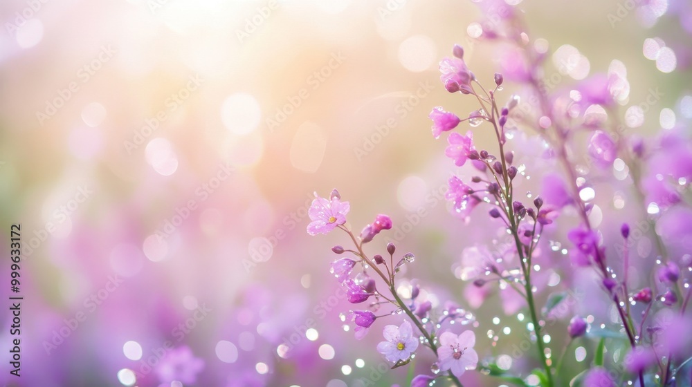 Water droplets sparkle on flowers in bloom, with a vast field stretching behind, offering a serene background with copy space. Water droplets sparkle on flowers in bloom, with a vast field stretching behind, offering a serene background with copy space.