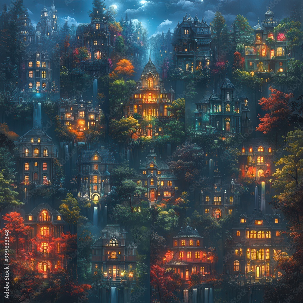 Obraz premium Enchanted Village with Glowing Houses at Night