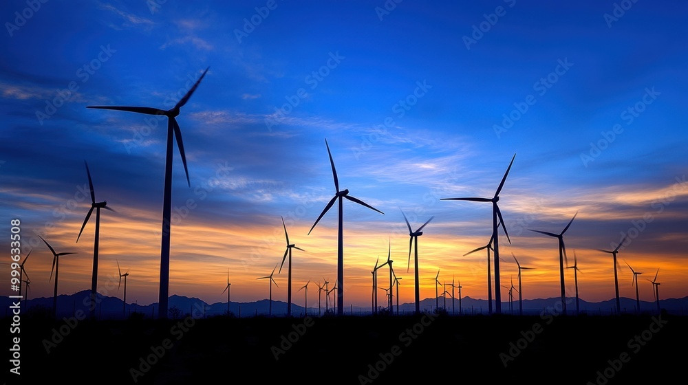 Wind farm at sunset with wind turbines silhouetted against the sky, symbolizing sustainable energy generation. Wind farm at sunset with wind turbines silhouetted against the sky, symbolizing sustainable energy generation.