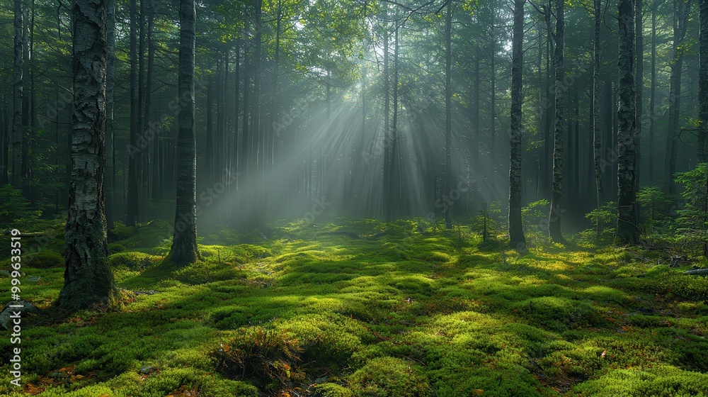Fototapeta premium Sunlight Streaming Through a Peaceful Forest Landscape