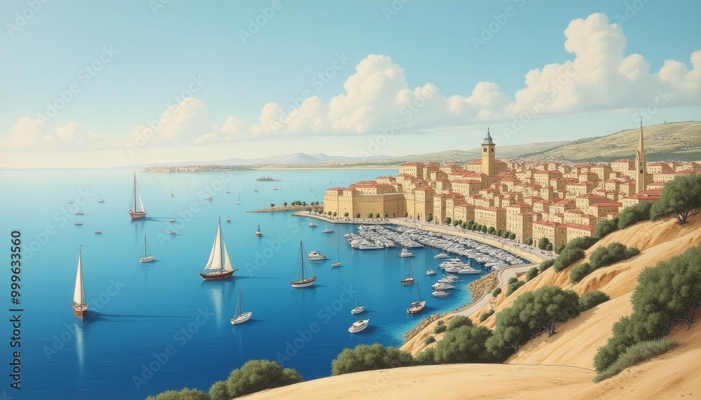 Idyllic coastal cityscape with vibrant blue waters and sailboats Idyllic coastal cityscape with vibrant blue waters and sailboats