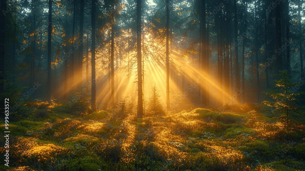 Sunlight Beams Through a Misty Forest Landscape Sunlight Beams Through a Misty Forest Landscape