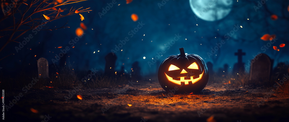 A bright jack-o'-lantern glows amidst tombstones in a moonlit graveyard, leaves swirling to set the perfect Halloween scene. A bright jack-o'-lantern glows amidst tombstones in a moonlit graveyard, leaves swirling to set the perfect Halloween scene.